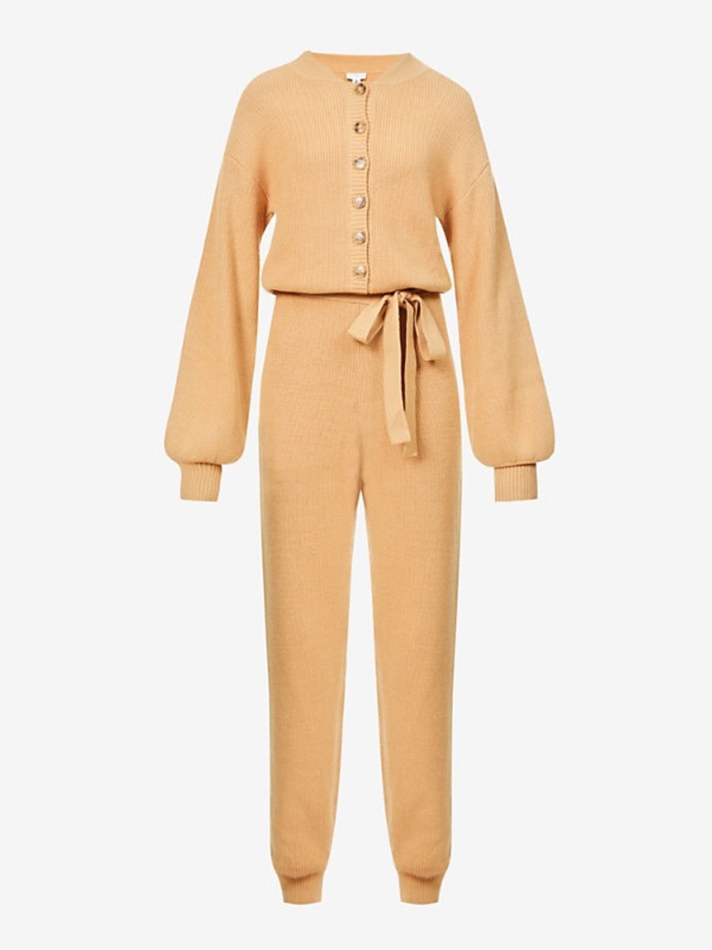 Never Fully Dressed Camel Knit Button-Front Jumpsuit